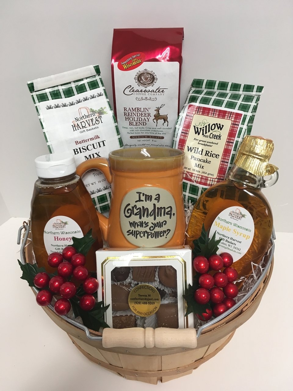 This tin is filled with 100% pure Wisconsin maple syrup, pancake mix with  extra flavor, and fresh roasted coffee roasted just before shipping. -  Northern Harvest Gift Baskets